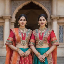 Two identical twins dressed in traditional Gujarati attire, striking a pose against a backdrop that reflects Gujarati culture, vibrant with colors, patterns and architectural elements of Gujarat.