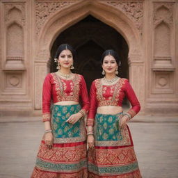 Two identical twins dressed in traditional Gujarati attire, striking a pose against a backdrop that reflects Gujarati culture, vibrant with colors, patterns and architectural elements of Gujarat.