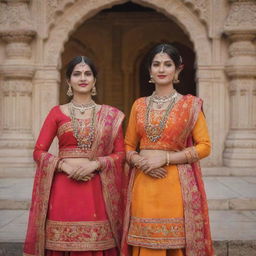 Two identical twins dressed in traditional Gujarati attire, striking a pose against a backdrop that reflects Gujarati culture, vibrant with colors, patterns and architectural elements of Gujarat.