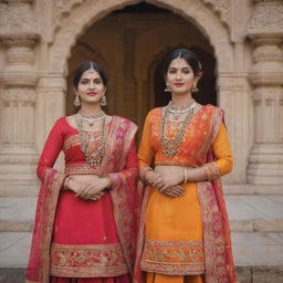 Two identical twins dressed in traditional Gujarati attire, striking a pose against a backdrop that reflects Gujarati culture, vibrant with colors, patterns and architectural elements of Gujarat.