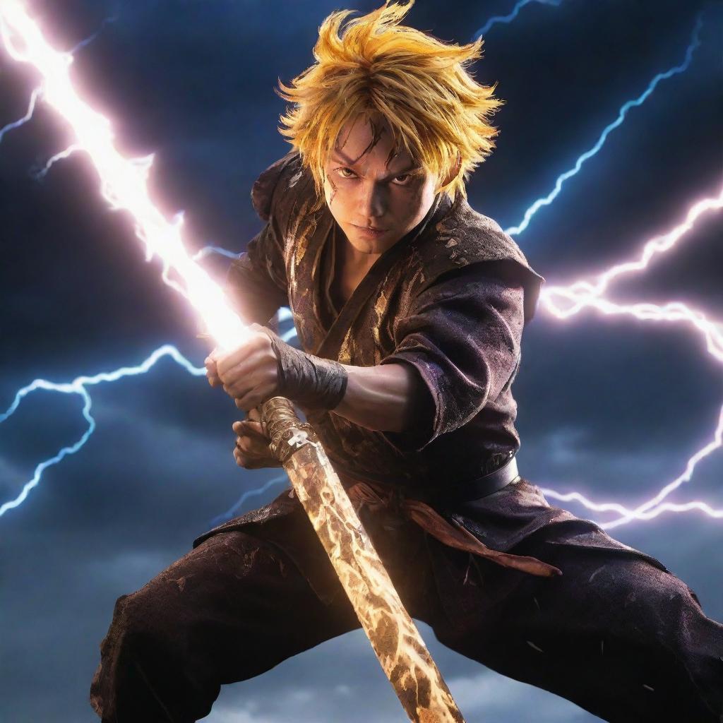 Demon Slayer's Zenitsu Agatsuma in an epic pose with lightning effects emanating from his sword.