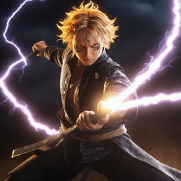 Demon Slayer's Zenitsu Agatsuma in an epic pose with lightning effects emanating from his sword.