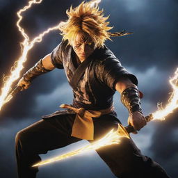 Demon Slayer's Zenitsu Agatsuma in an epic pose with lightning effects emanating from his sword.