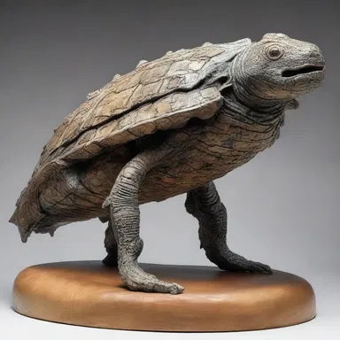 The sculpture titled 'Armored Guardian' depicts a detailed representation of an extinct ostracoderm.