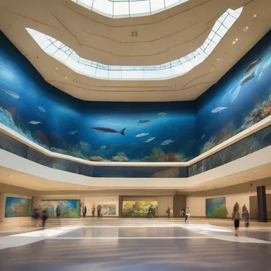 The museum's atrium features a stunning mural depicting a prehistoric ocean scene with various ostracoderms swimming amidst the coral reefs.