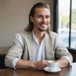 A handsome man with long hair tied back, sitting at a table for two, with two cups of coffee in front of him. He has tears in his eyes but a smile on his face.