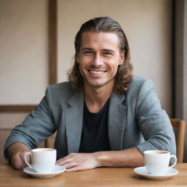 A handsome man with long hair tied back, sitting at a table for two, with two cups of coffee in front of him. He has tears in his eyes but a smile on his face.