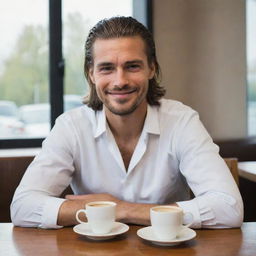 A handsome man with long hair tied back, sitting at a table for two, with two cups of coffee in front of him. He has tears in his eyes but a smile on his face.