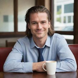 A handsome man with long hair tied back, sitting at a table for two, with two cups of coffee in front of him. He has tears in his eyes but a smile on his face.