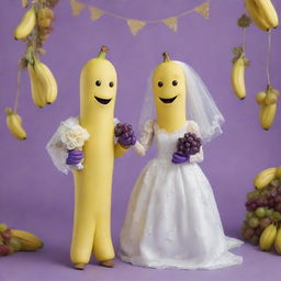 An anthropomorphic banana and grape joyously getting married with charming wedding outfits, set against a festive background.