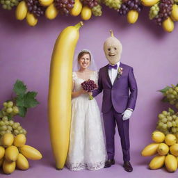 An anthropomorphic banana and grape joyously getting married with charming wedding outfits, set against a festive background.