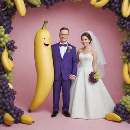 An anthropomorphic banana and grape joyously getting married with charming wedding outfits, set against a festive background.