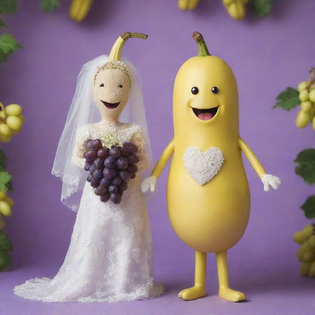 An anthropomorphic banana and grape joyously getting married with charming wedding outfits, set against a festive background.