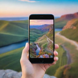 Compose an image capturing the essence of mobile photography including a stylish smartphone with camera lens focusing on a colorful, picturesque landscape.