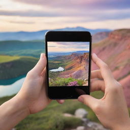 Compose an image capturing the essence of mobile photography including a stylish smartphone with camera lens focusing on a colorful, picturesque landscape.