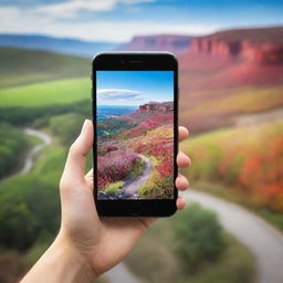 Compose an image capturing the essence of mobile photography including a stylish smartphone with camera lens focusing on a colorful, picturesque landscape.