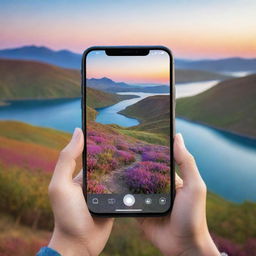 Compose an image capturing the essence of mobile photography including a stylish smartphone with camera lens focusing on a colorful, picturesque landscape.