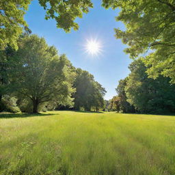 A bright, sunny day with clear blue skies, radiant sunshine, and lush, green landscapes.