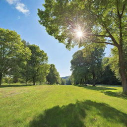 A bright, sunny day with clear blue skies, radiant sunshine, and lush, green landscapes.