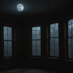 A dimly lit Victorian mansion with eerie cobweb-filled corners, creepy portraits on the walls, and a full moon seen through a broken window