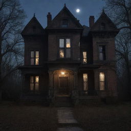 A dimly lit Victorian mansion with eerie cobweb-filled corners, creepy portraits on the walls, and a full moon seen through a broken window