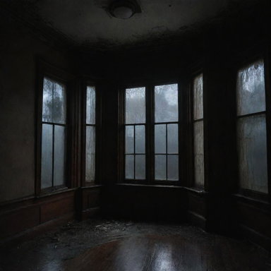 A dimly lit Victorian mansion with eerie cobweb-filled corners, creepy portraits on the walls, and a full moon seen through a broken window