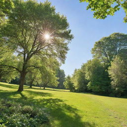 A bright, sunny day with clear blue skies, radiant sunshine, and lush, green landscapes.