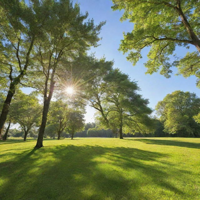 A bright, sunny day with clear blue skies, radiant sunshine, and lush, green landscapes.