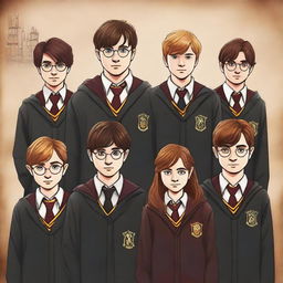 A high-quality digital art image featuring various popular actors as students of Hogwarts from the Harry Potter series