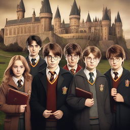 A high-quality digital art image featuring various popular actors as students of Hogwarts from the Harry Potter series