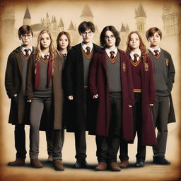 A high-quality digital art image featuring various popular actors as students of Hogwarts from the Harry Potter series