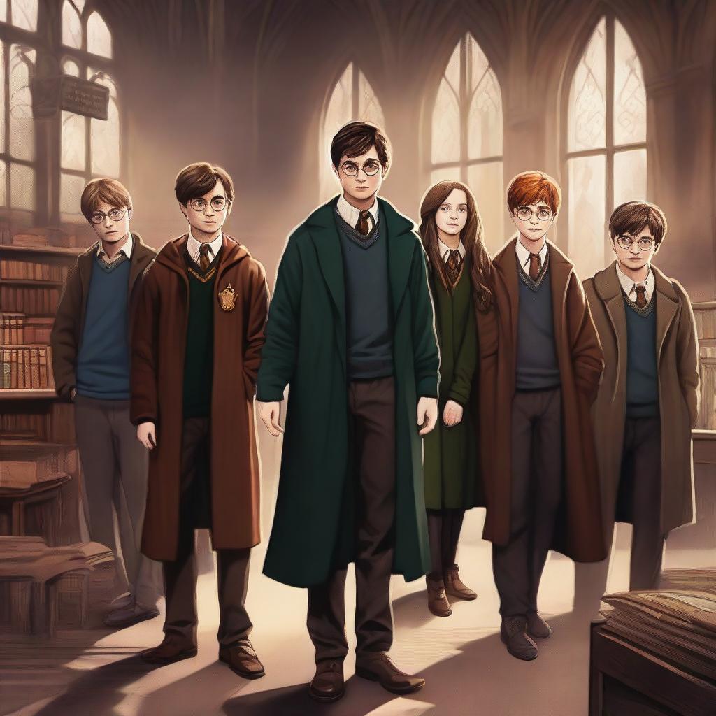 A high-quality digital art image that depicts a scene from an imagined Harry Potter movie where the characters are all grown up