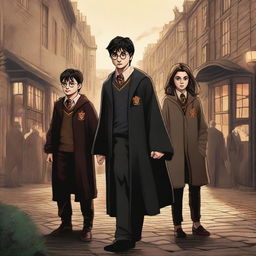 A high-quality digital art image that depicts a scene from an imagined Harry Potter movie where the characters are all grown up