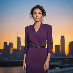 A confident woman elegantly dressed in contemporary fashion standing against a vibrant city skyline at sunset.