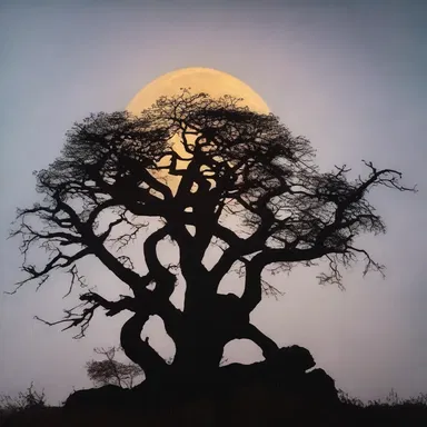 As the full moon rose above the horizon, the eerie silhouette of the monkey-bread tree appeared to loom menacingly in the fog.