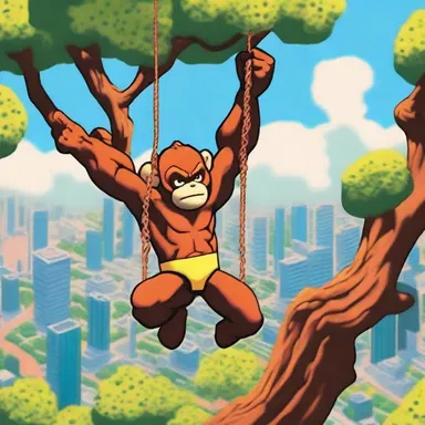 In the thrilling adventure, the superhero swings from the branches of the giant monkey-bread tree, using it as a vantage point to survey the city.