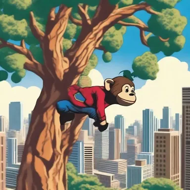 In the thrilling adventure, the superhero swings from the branches of the giant monkey-bread tree, using it as a vantage point to survey the city.