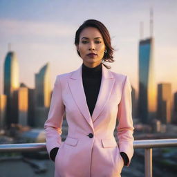 A confident woman elegantly dressed in contemporary fashion standing against a vibrant city skyline at sunset.