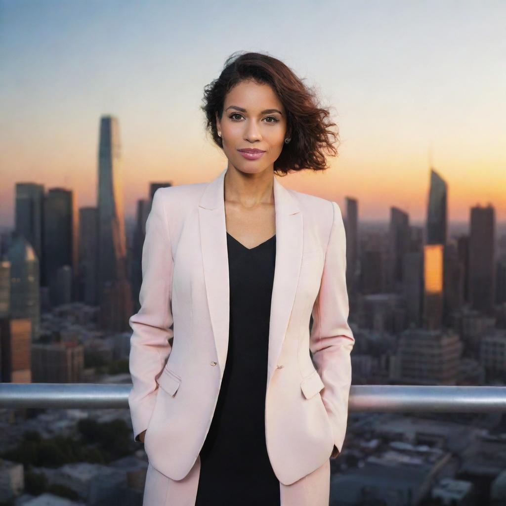 A confident woman elegantly dressed in contemporary fashion standing against a vibrant city skyline at sunset.