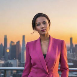 A confident woman elegantly dressed in contemporary fashion standing against a vibrant city skyline at sunset.