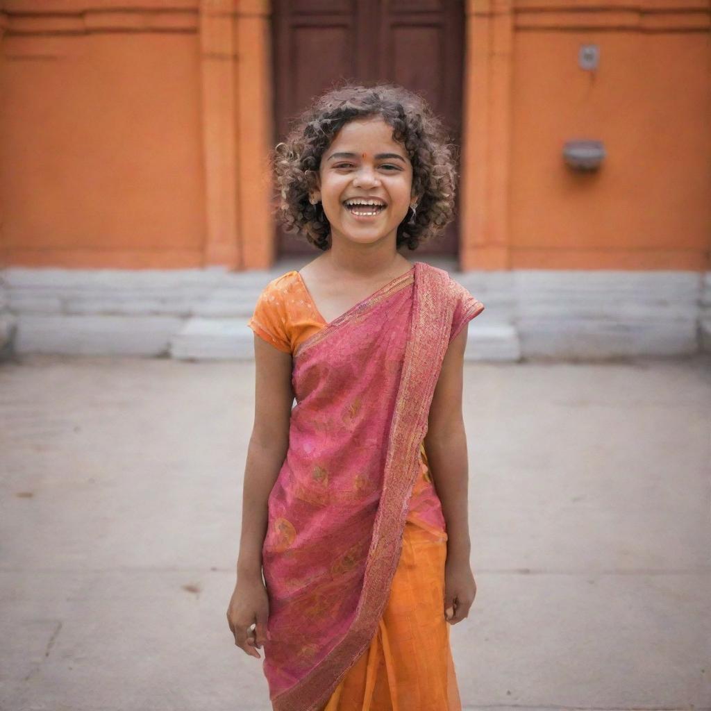 A joyous girl with curly, short hair, dressed properly, standing cheerfully in the vivid surroundings of Ram Mandir.