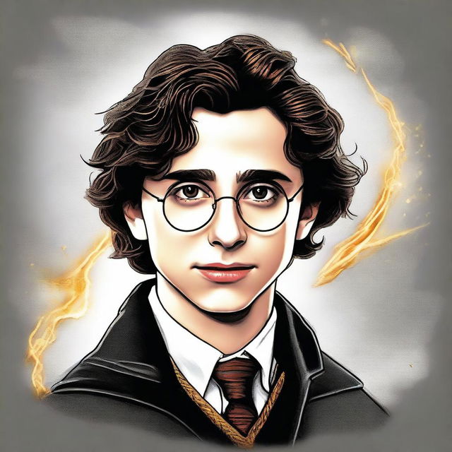 A top-quality digital art image presenting Timothee Chalamet as the son of Harry Potter