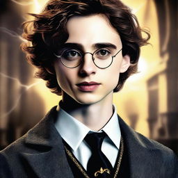 A top-quality digital art image presenting Timothee Chalamet as the son of Harry Potter