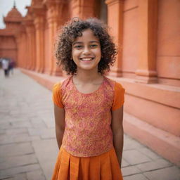 A joyous girl with curly, short hair, dressed properly, standing cheerfully in the vivid surroundings of Ram Mandir.