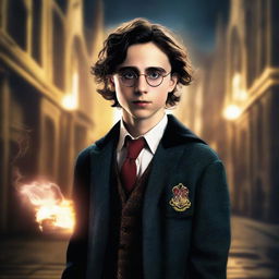 A top-quality digital art image presenting Timothee Chalamet as the son of Harry Potter