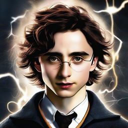 A top-quality digital art image presenting Timothee Chalamet as the son of Harry Potter