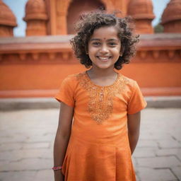 A joyous girl with curly, short hair, dressed properly, standing cheerfully in the vivid surroundings of Ram Mandir.