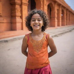 A joyous girl with curly, short hair, dressed properly, standing cheerfully in the vivid surroundings of Ram Mandir.