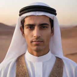 Portrait of a person in traditional Arabic clothing, with distinct Middle Eastern features, expressing a serene demeanor in a desert landscape at sunset.