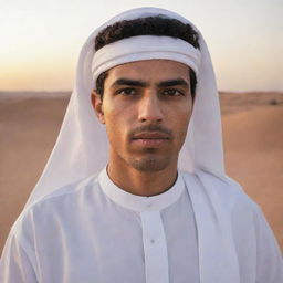 Portrait of a person in traditional Arabic clothing, with distinct Middle Eastern features, expressing a serene demeanor in a desert landscape at sunset.